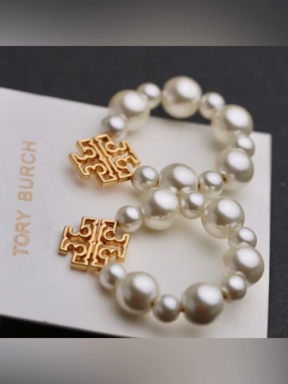 Tory Burch Gold Logo and Ivory Pearl Drop Earrings - Picture 2 of 5